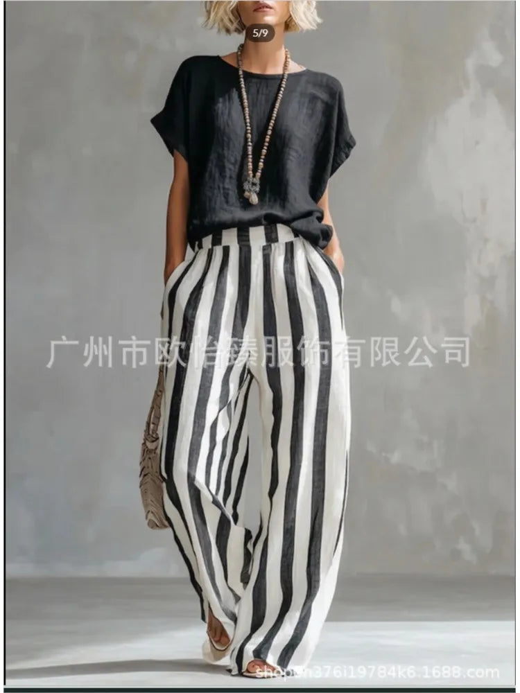 Fashion Linen Printed Striped Trousers Short-sleeved Women 2piece Set Summer New Retro Loose Wide-leg Trousers Female Casual Set