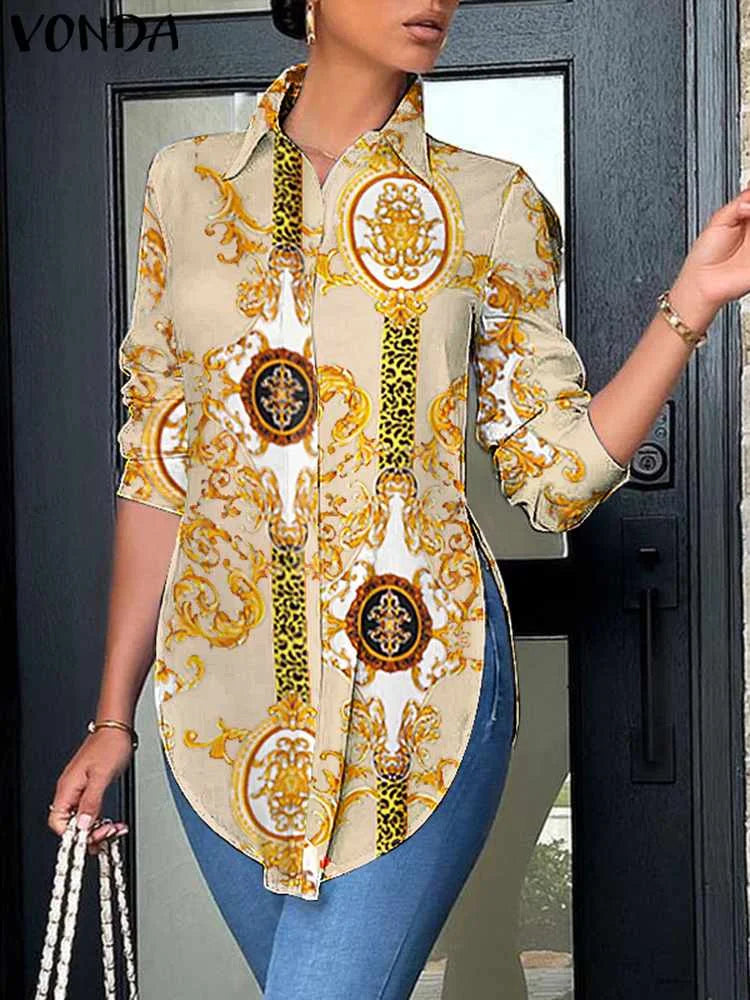 2023 VONDA Casual Shirts Autumn Women Buttons Long Sleeve Blouses Asymmetrical Hem Loose Tops Ladies Solid Color Elegant Blusas