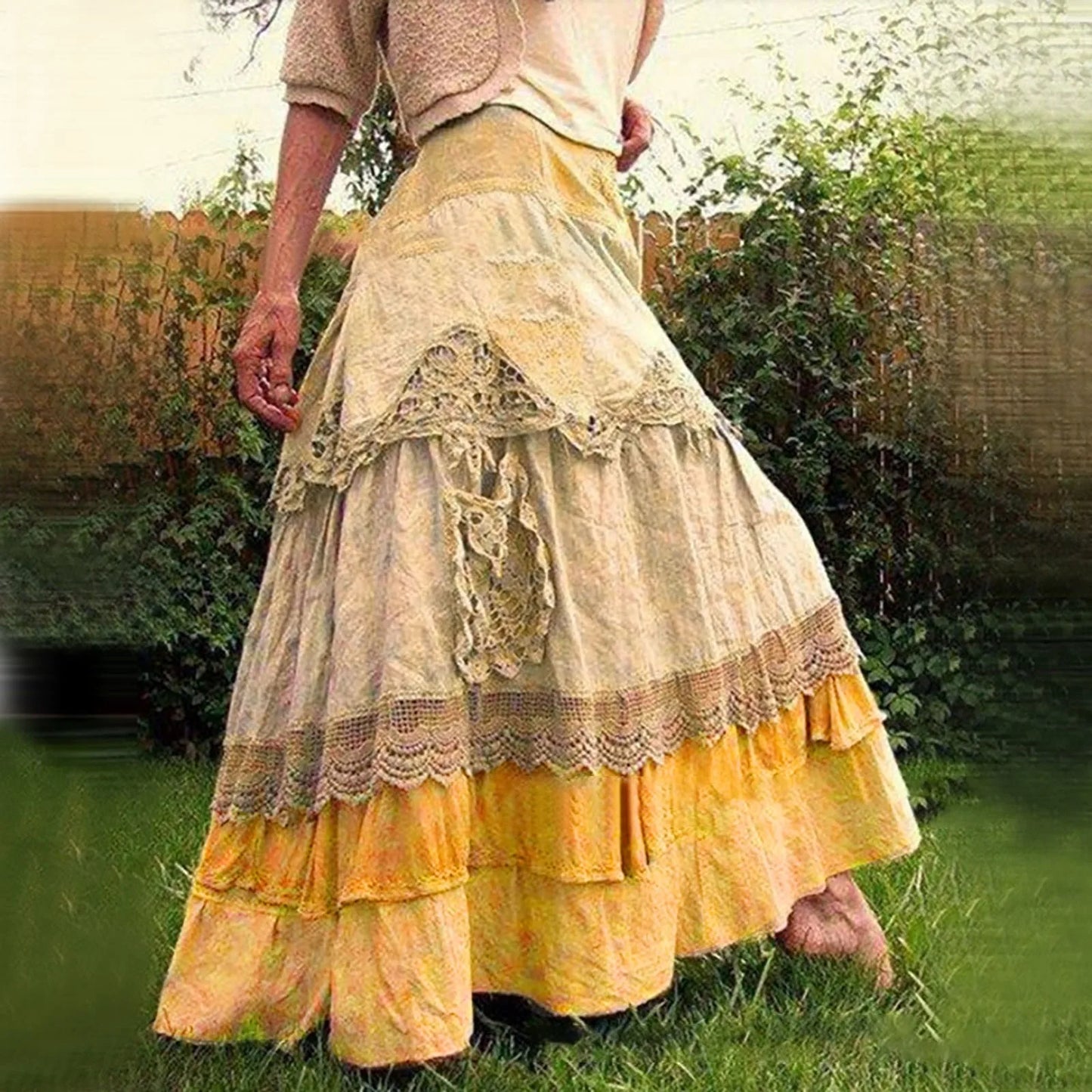 Long Maxi Skirts For Women 2024 Summer Boho Tiered Long Lace Skirt Maxi Net Flared Elegant Button Plus Size Cotton Skirt New