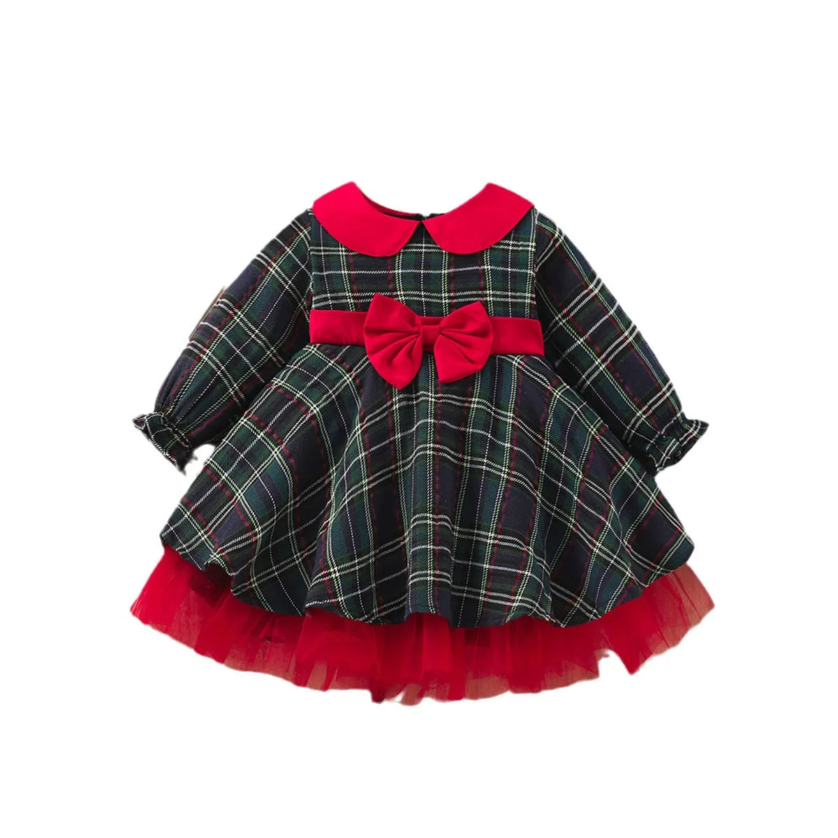 Christmas Girls Cosplay Dress Princess Plaid Red Bow Long-Sleeved Dress Xmas Costumes New Year Christmas Party Dress for Baby