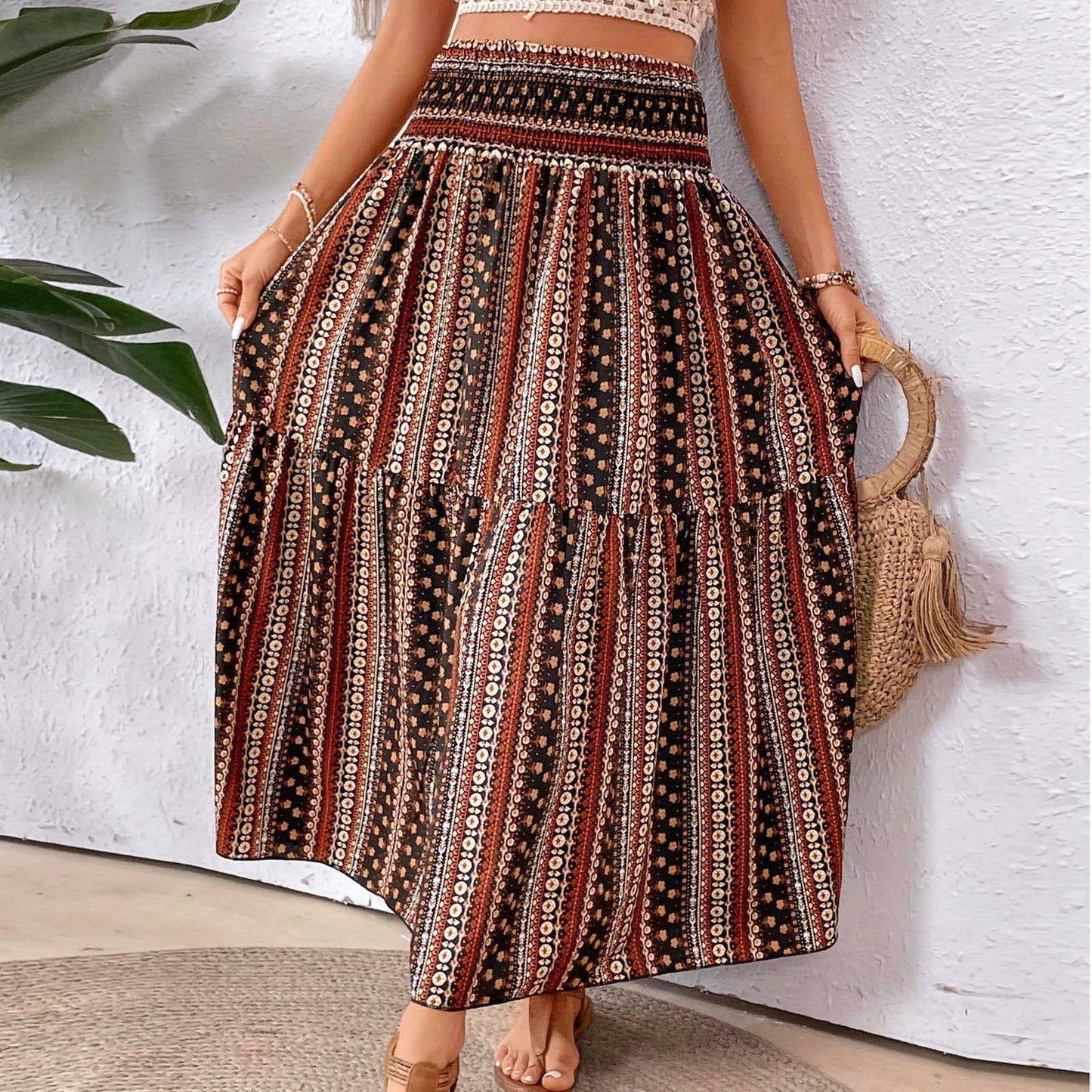 Vintage Boho Skirts For Women Summer Elastic Waist A-Line Faldas Bohemian Printed Flowy Skirt Beachside Swing Maxi Long Skirts