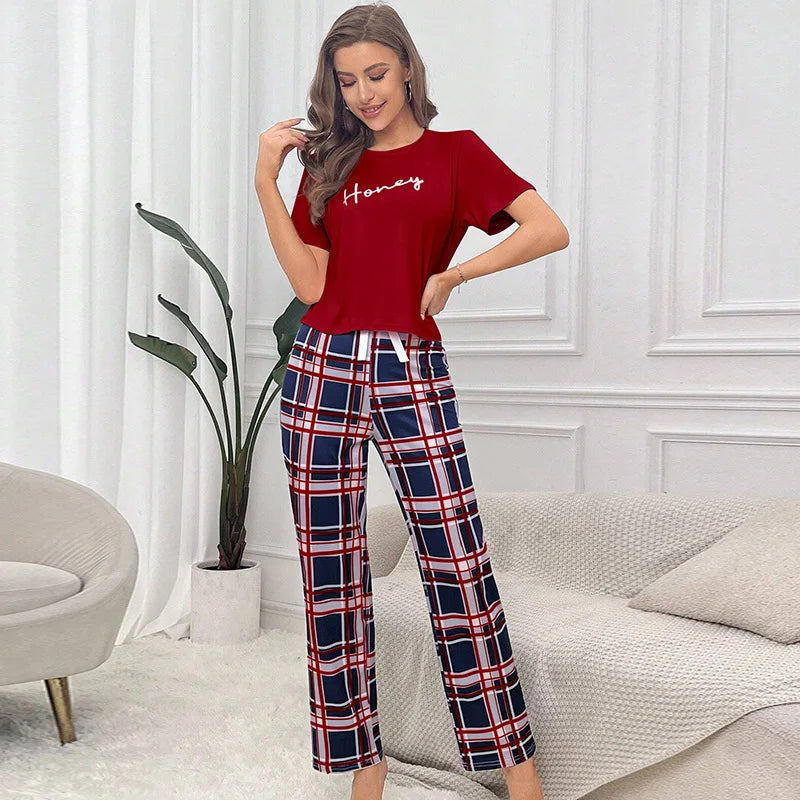 Women Pajama Set Super Soft Cotton Short Sleeve Pink Tops With Long Pants Two Pieces High Quality Sexy Lingerie Homewear Set