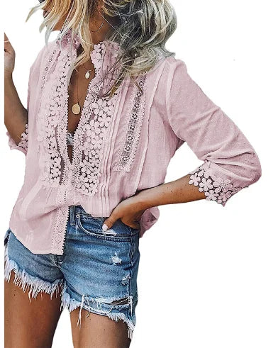 TEELYNN Loose 3/4 sleeve lace blouses shirt women vintage cotton Button v neck causal boho blusa 2020 autumn blouse femme top