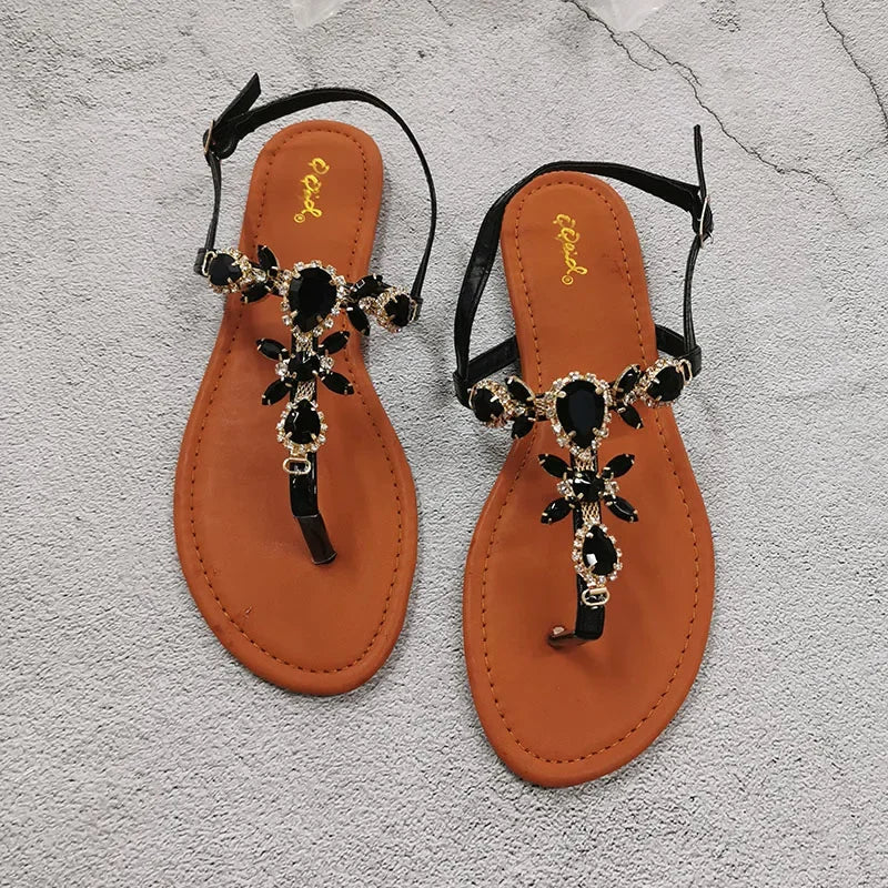 2024 Trendy Summer Women's Shoes Large Size Beautiful Crystal Shiny Flat with Female Sandals Bohemia Back Strap Footwear
