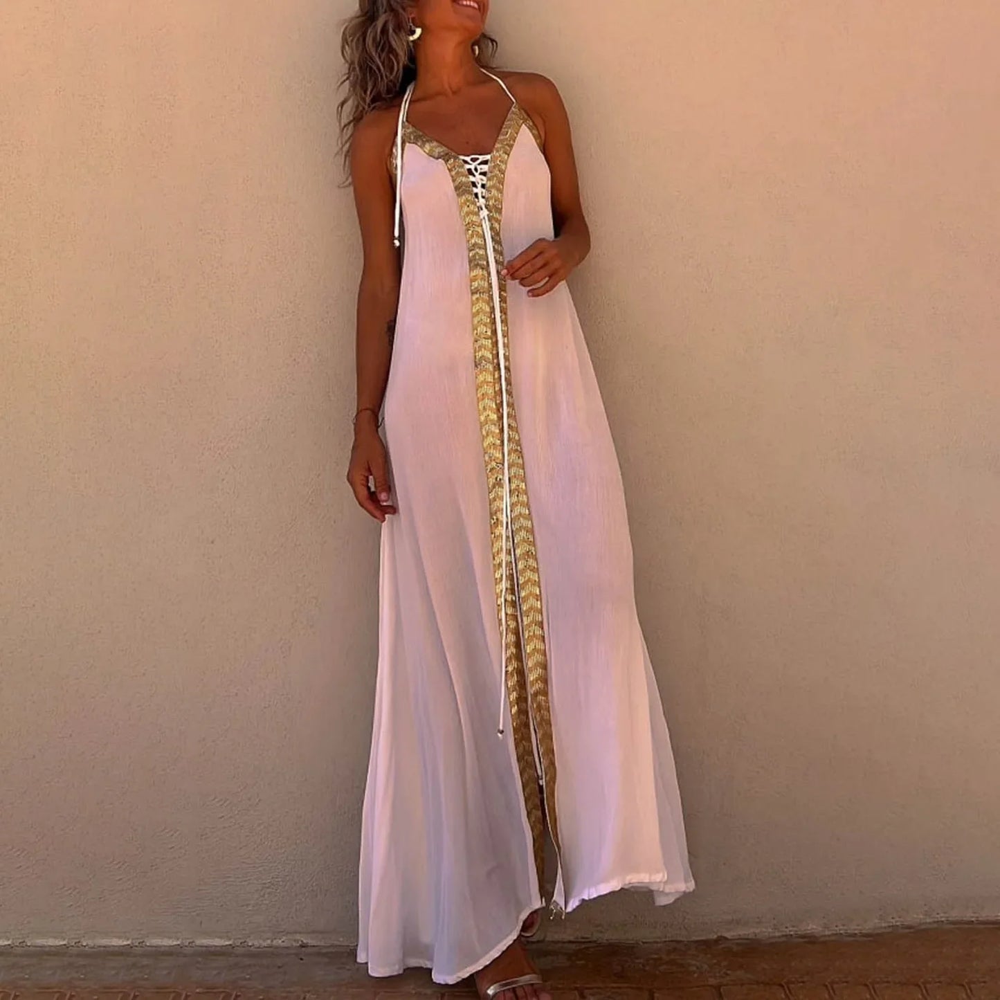 Summer Womens Boho Dresses Lace Up Halter Maxi Dress Vacation Beach Dresses Vestidos Bohemian Long Sundress платье женское
