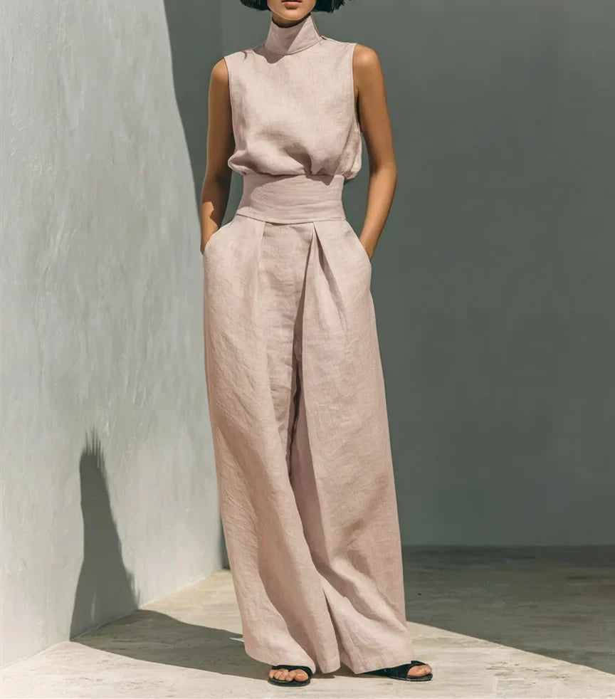 2026 Women 2 Piece Outfit, Sleeveless High Neck Blouse & High Waist Wide Leg Pants Set, Elegant Office Commuter Matching Suit W