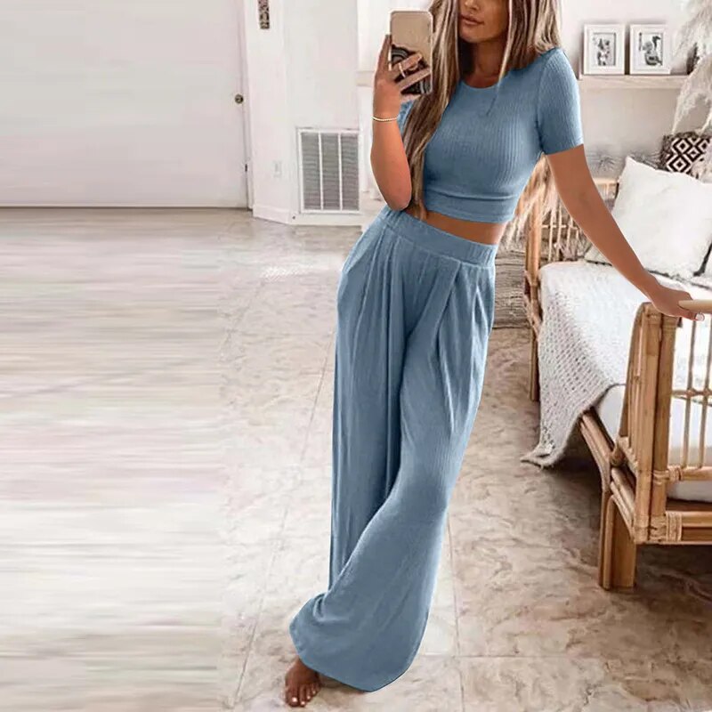 Autumn Women's Solid Knitted Casual Home Wear Slim Tops Two-Piece Wide Leg Pants Set Ladies Clothes Winter Fashion Commuter Suit