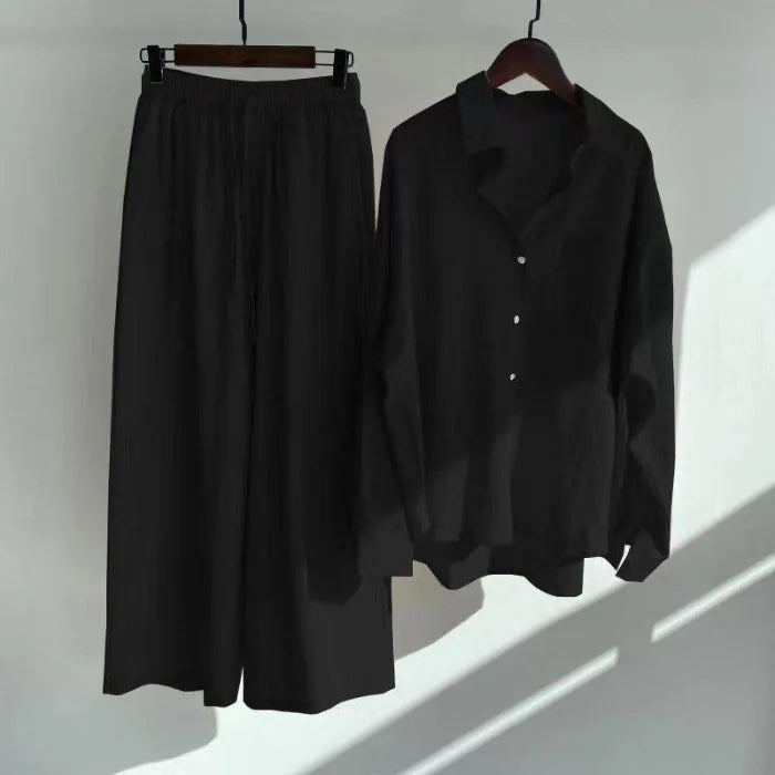 Spring Summer Women's Two Piece Casual Long Sleeve Shirt Women's Suit Fashion Button Casual Female Wide Leg Pants 2 Piece Sets