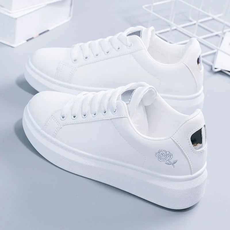 Women Leather Pu Casual Shoes New 2025 Woman Shoes Fashion Embroidered White Sneakers Breathable Flower Lace-Up Women Sneakers