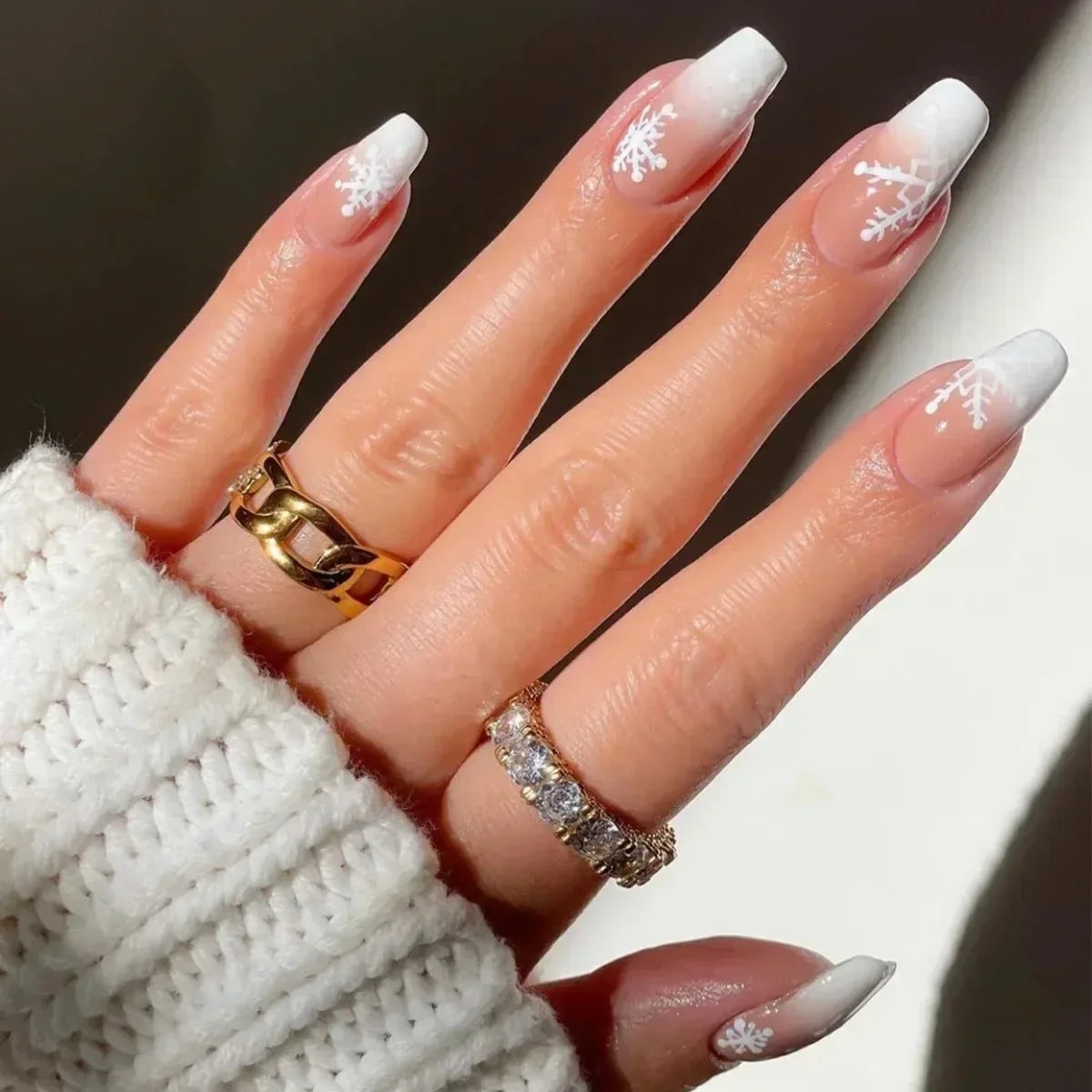 24Pcs Coffin Christmas Handmade Press on Nails Full Cover Snow Tree Design Santa Claus False Nails Wearable Manicure Nail Tips