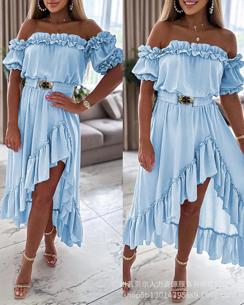 Dress Women Ruffles Off Shoulder Long Dresses Solid Slim Fit Regular Casual Elegant Splice High Waist Belt A Line Vestidos 2024