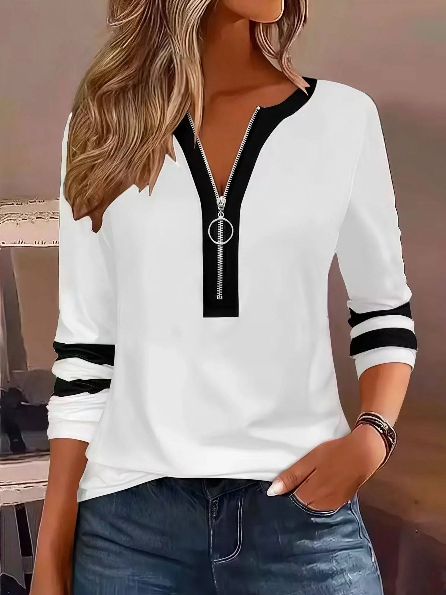 Plus Size Long Sleeve, Geometric Stripes & Color Block Ring Zipper.