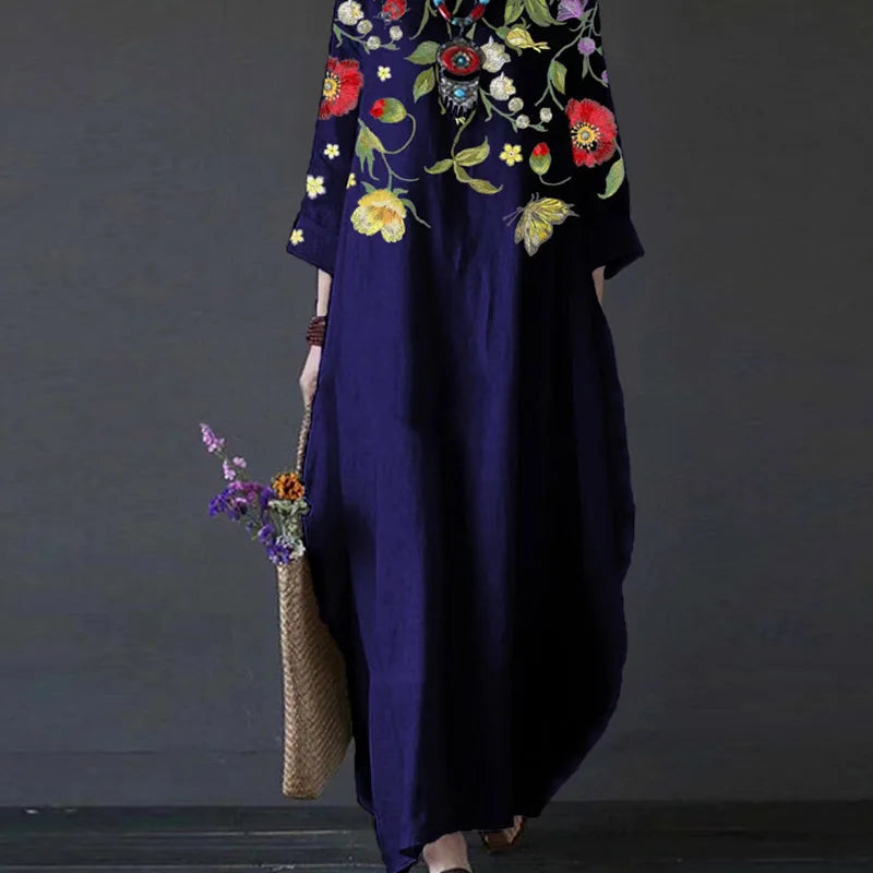 Elegant Boho Loose Swing Maxi Dress Retro Art Print 3/4 Sleeve Pocket Long Dress Casual O-Neck Office Lady Pullover Dress Mujer