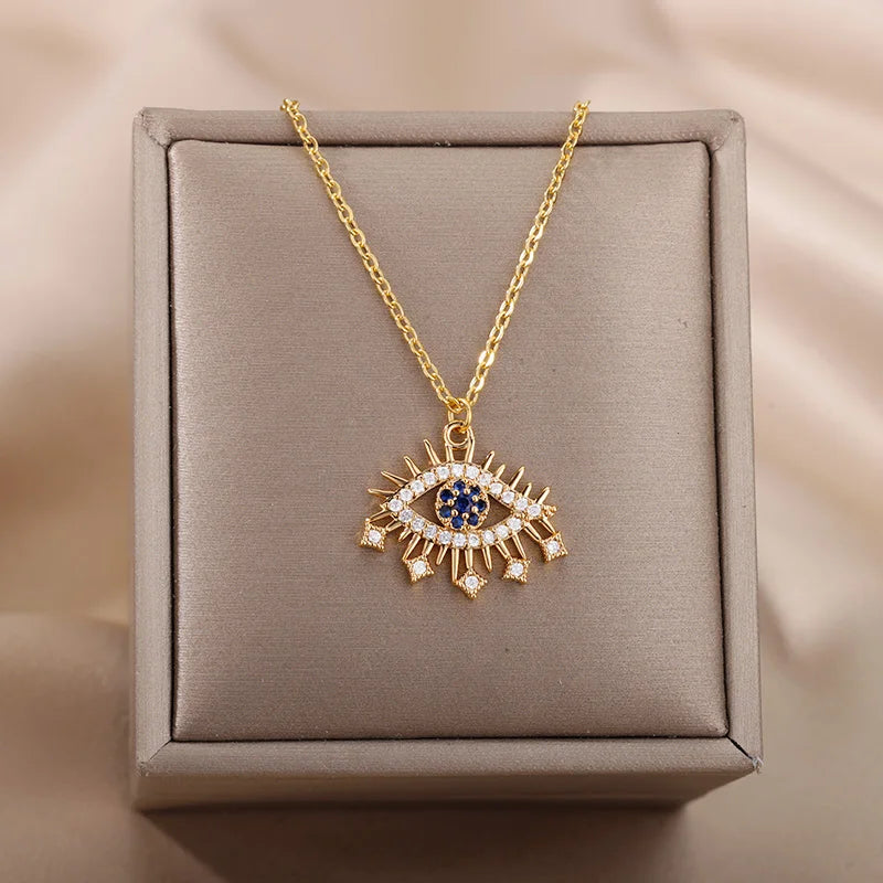 Zircon Evil Eye Necklaces for Women Stainless Steel Sun Pendant Chain Collier Necklace Fashion Turkey Eyes 2023 Goth Jewelry