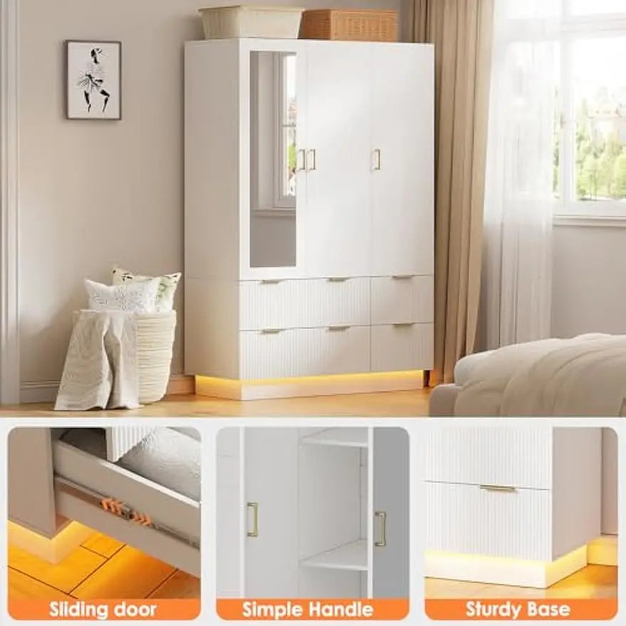 Armoire Wardrobe Closet with 3 Door, Mirror and LED Lights, Hanging Rod, Drawers.