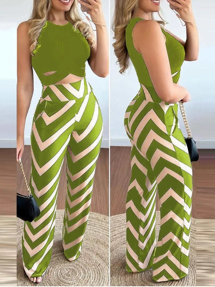 Spring Summer New Sleeveless Short Top Women's Suit Fashion Printed Trousers Slim Slim Simple Elegant Female Office 2 Piece Set