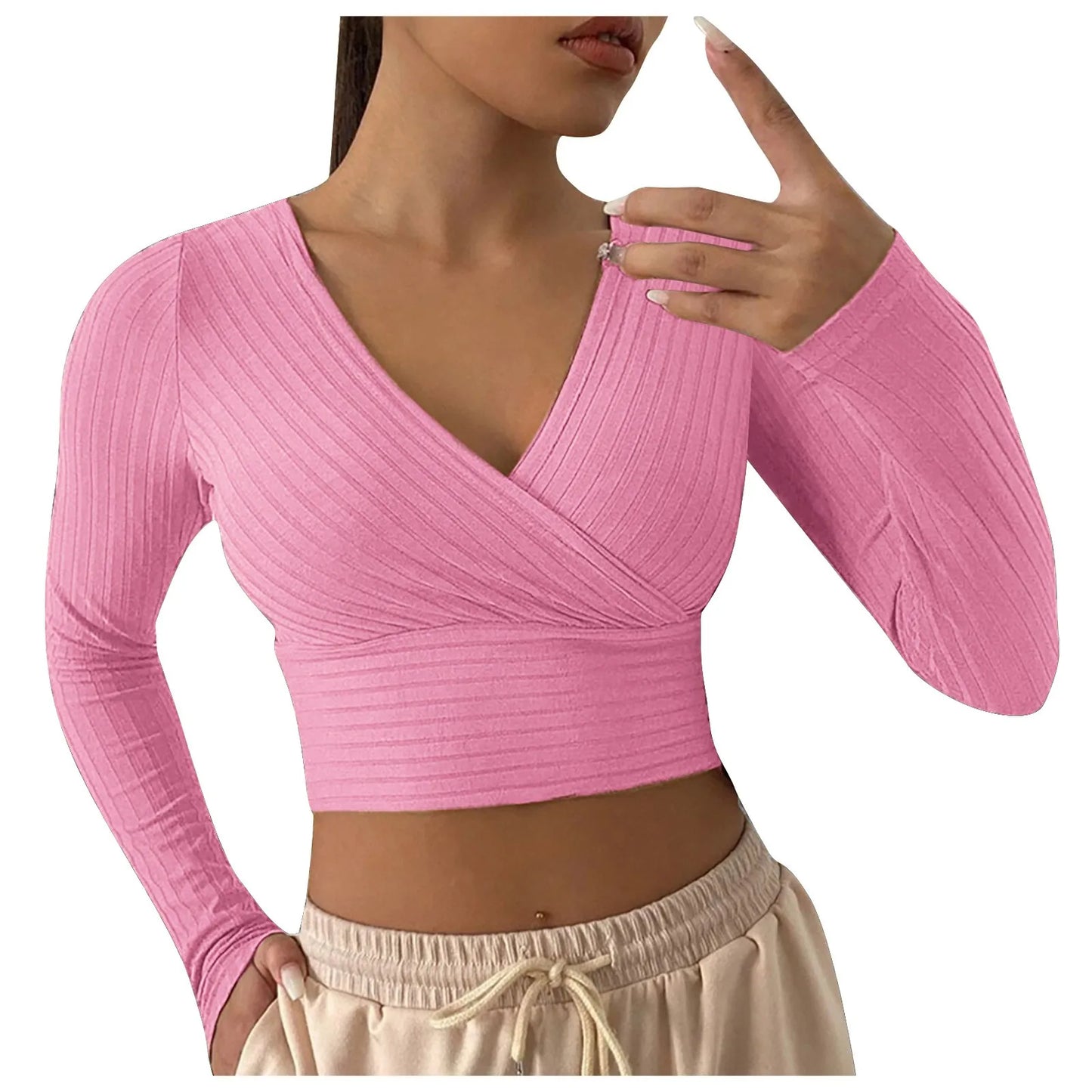 Sexy Cross Wrap V Neck Ribbed Knit T Shirt Women's Crop Tops Sexy Slim Fit Solid Spring Fall Long Sleeve Y2k Clothes Pink Tops