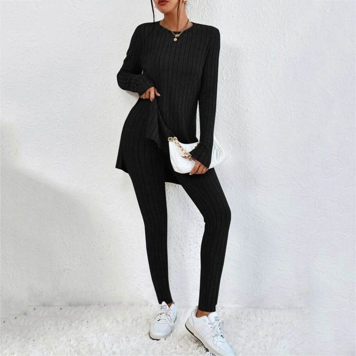 Autumn Winter 2 Pieces Set Women Knitted Long Sleeve O Neck Tops Slim Fit Pants Sets Casual Elegant Warm Sport Trousers Outfit