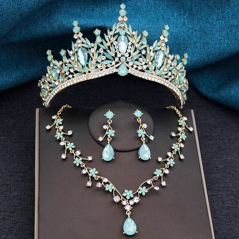 Baroque Wedding Crown for Bride 3-Pack Tiara Earrings Necklace Bridal