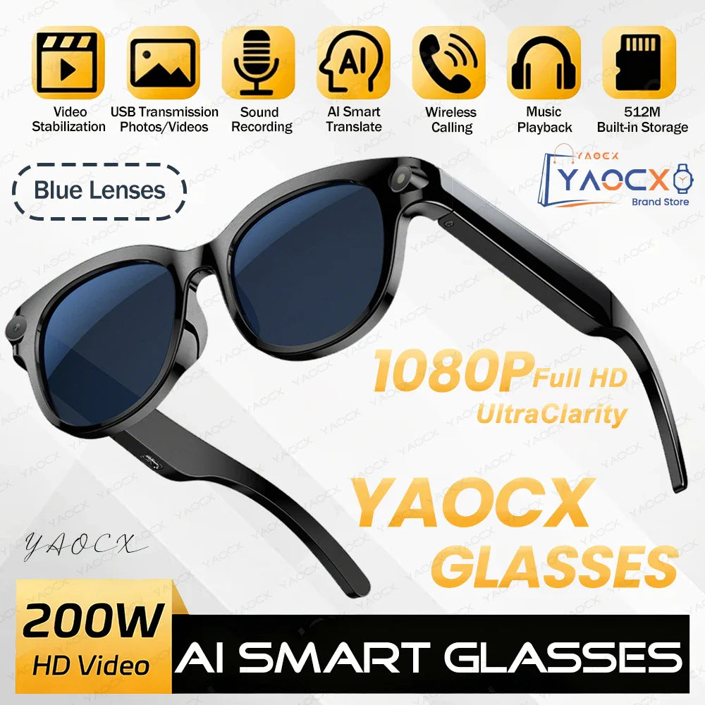 New 200W HD Camera Smart Glasses, AI Assistant Photo Recognition, Video Recording, 290mAh 512M Storage Smart Sunglasses.