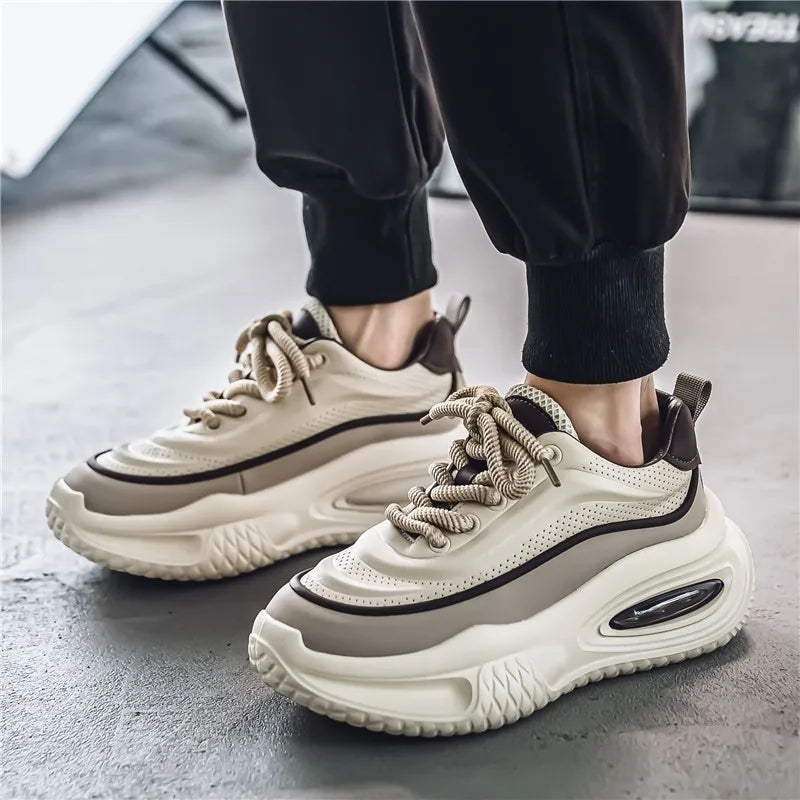 Fall Winter Leather Surface Thick Bottom Shoes, Versatile, Color Block Style, Student Casual Shoes.