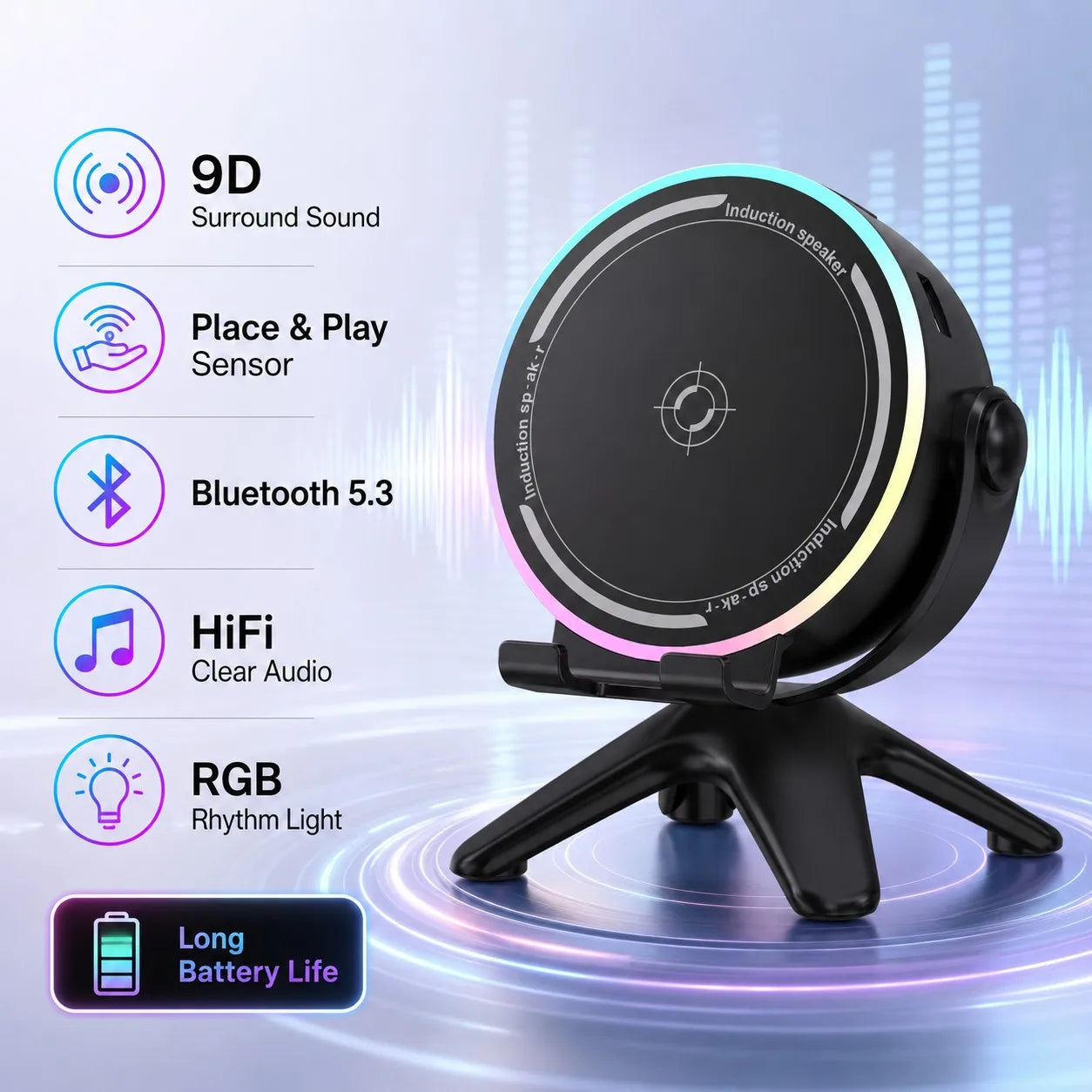 Wireless Sensor Bluetooth Speaker 5.3, HiFi 9D Sound RGB Light Long Battery Phone Stand for iPhone Samsung Xiaomi