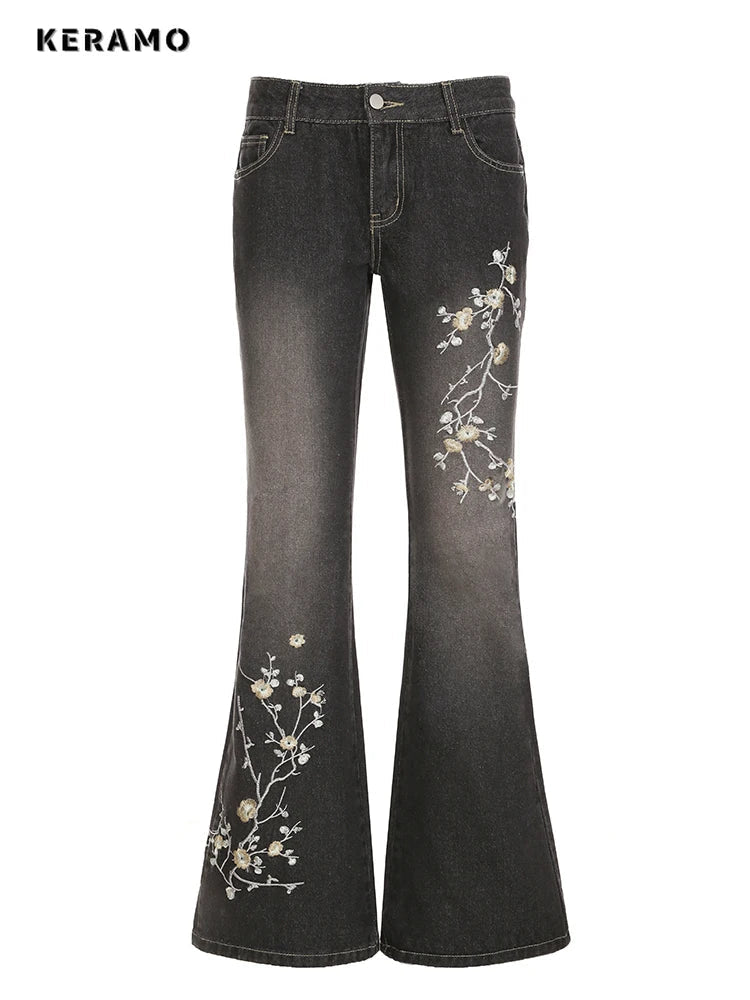 Wee keep Floral Embroidery Jeans Vintage 2000s Low Rise Women Retro y2k Baggy Denim Pants.