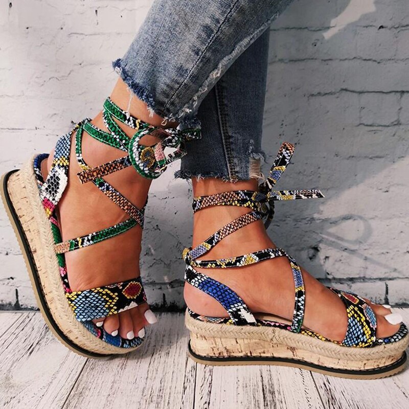 Women's Roman Sandals Leopard Print Ethnic Fashion Print Platform Cross-Tie Open Toe Beach Shoes Casual Wedge Heels Plus Size 43