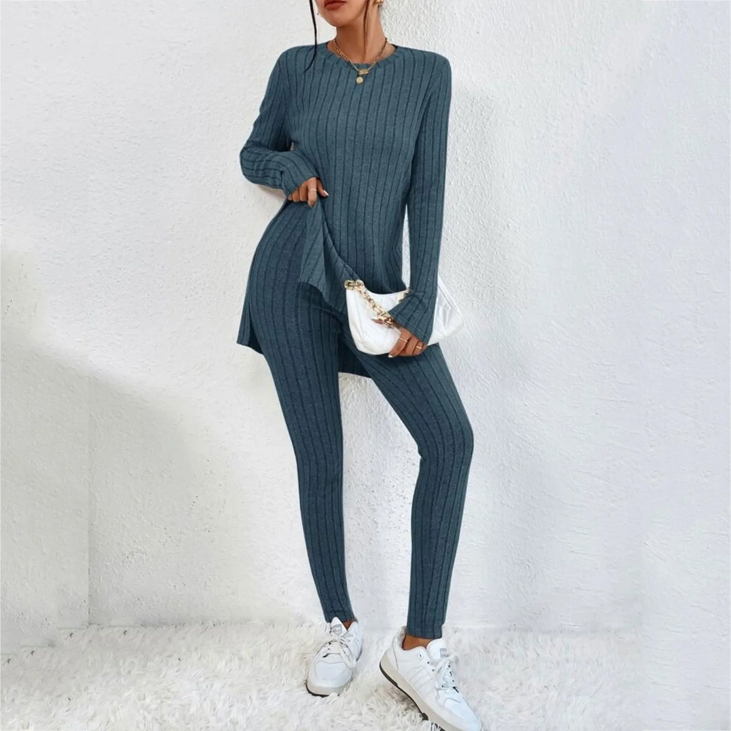 Autumn Winter 2 Pieces Set Women Knitted Long Sleeve O Neck Tops Slim Fit Pants Sets Casual Elegant Warm Sport Trousers Outfit