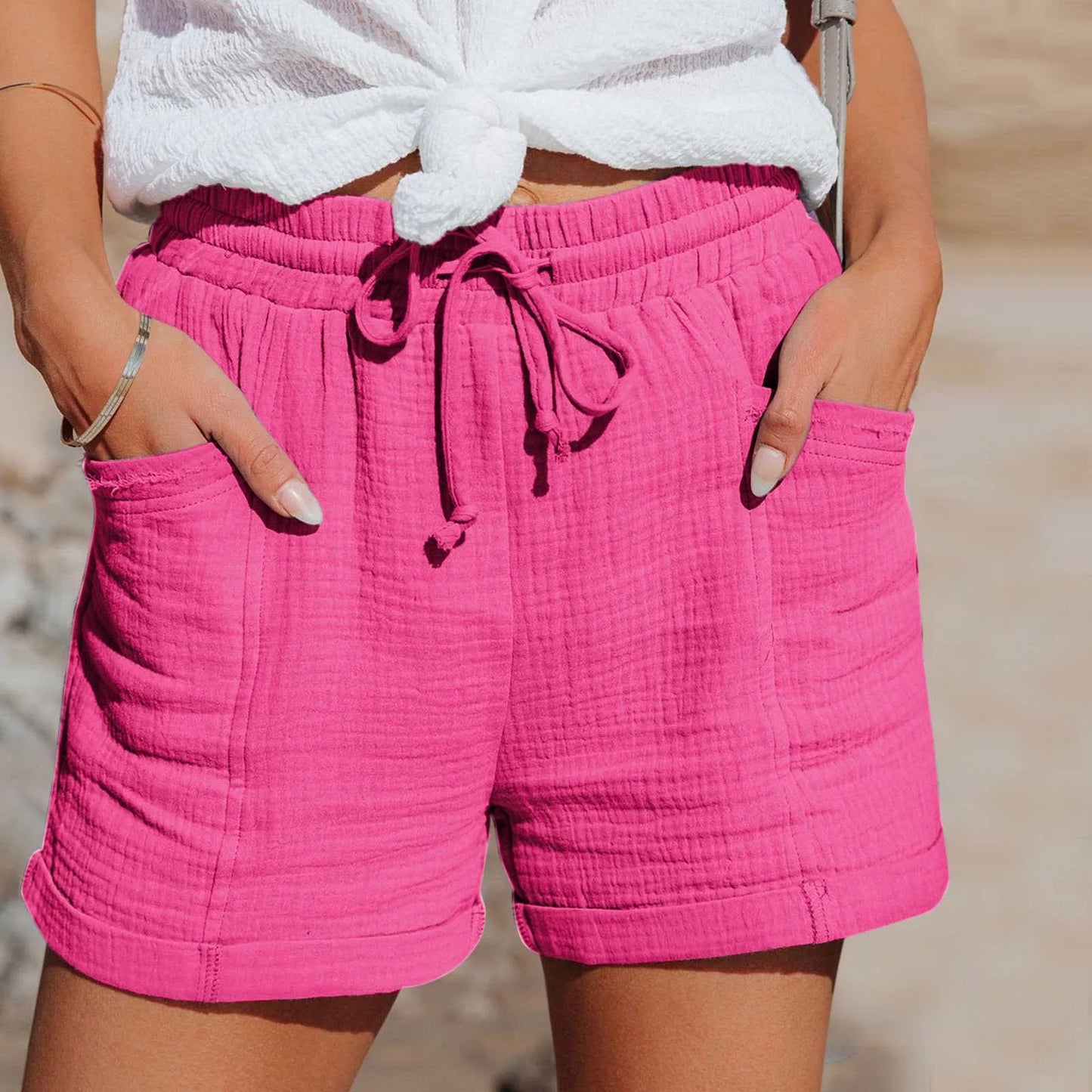 Summer Cotton Linen Shorts Women'S Drawstring High Waist Short Pants With Pockets Sports Casual Basic Cortos Pantalones 2024