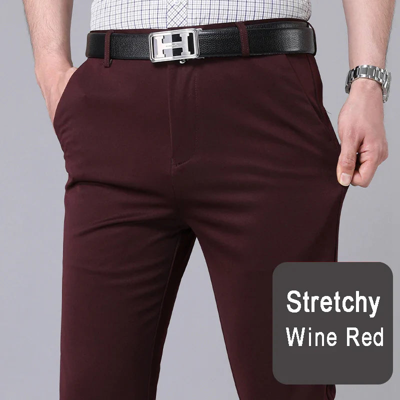 Male Pants Stretch Solid Casual Trousers Quick Dry Straight Pants