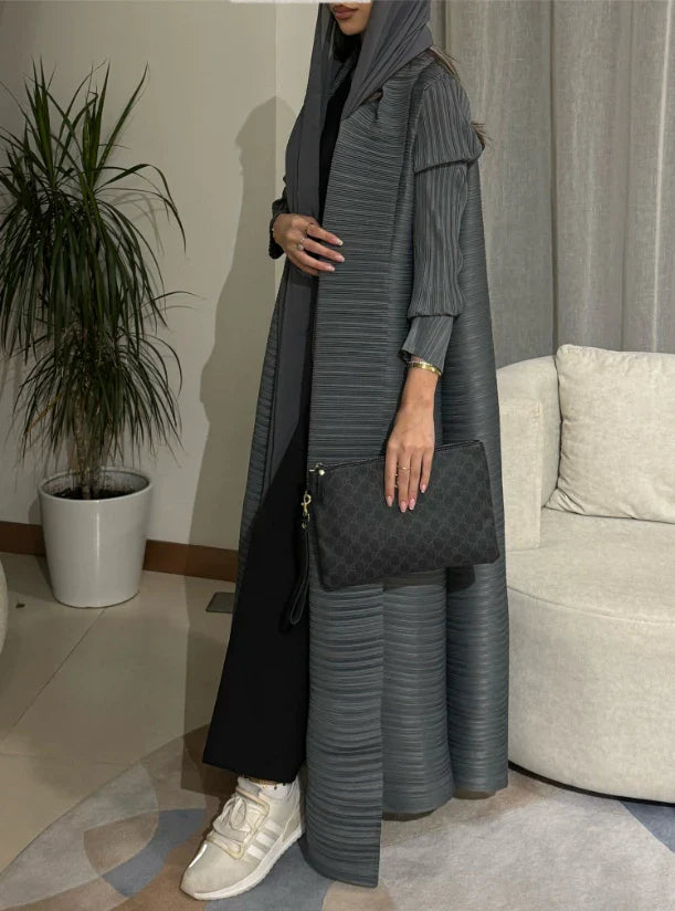 Miyake Pleated abaya with Turn-down Collar, Long Sleeve, Vintage Printed Design, Plus Size