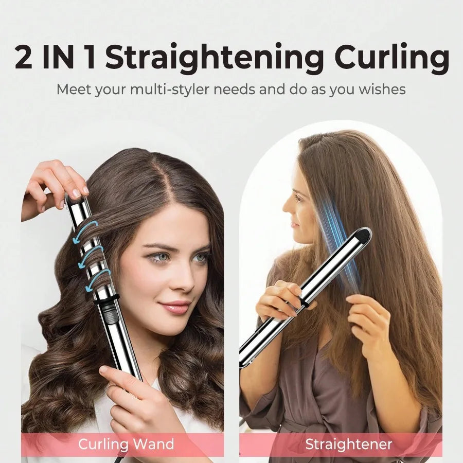 2-in-1 Straightener & Curler: 1-Inch Ceramic Ionic Flat Iron with Rapid Heating Technology; Anti-Frizz and Anti-Scald Design