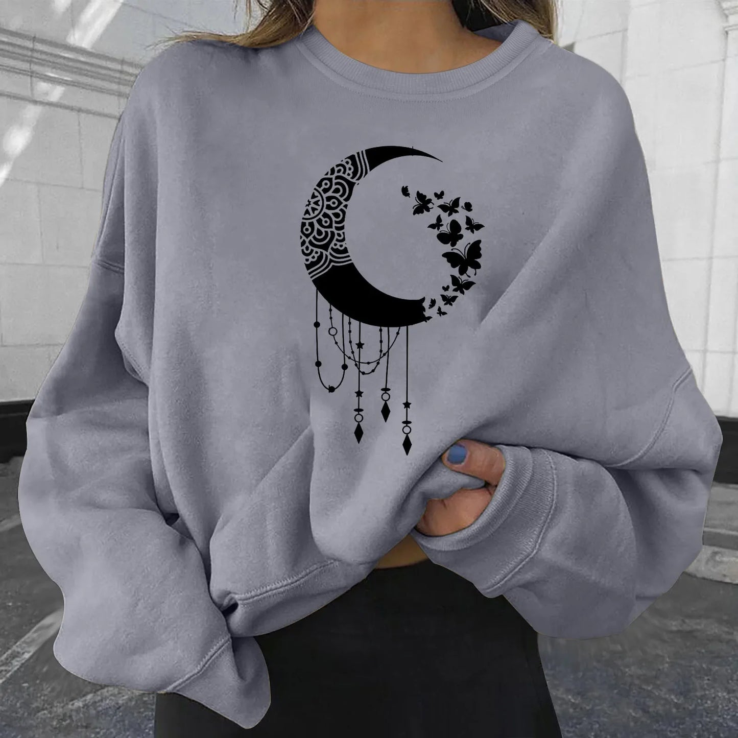 Y2k Sweatshirts For Women Moon Print Hoodies White Hoodies For Ladies Long Sleeve Fall Hoody Pullover Korean Style Blouses