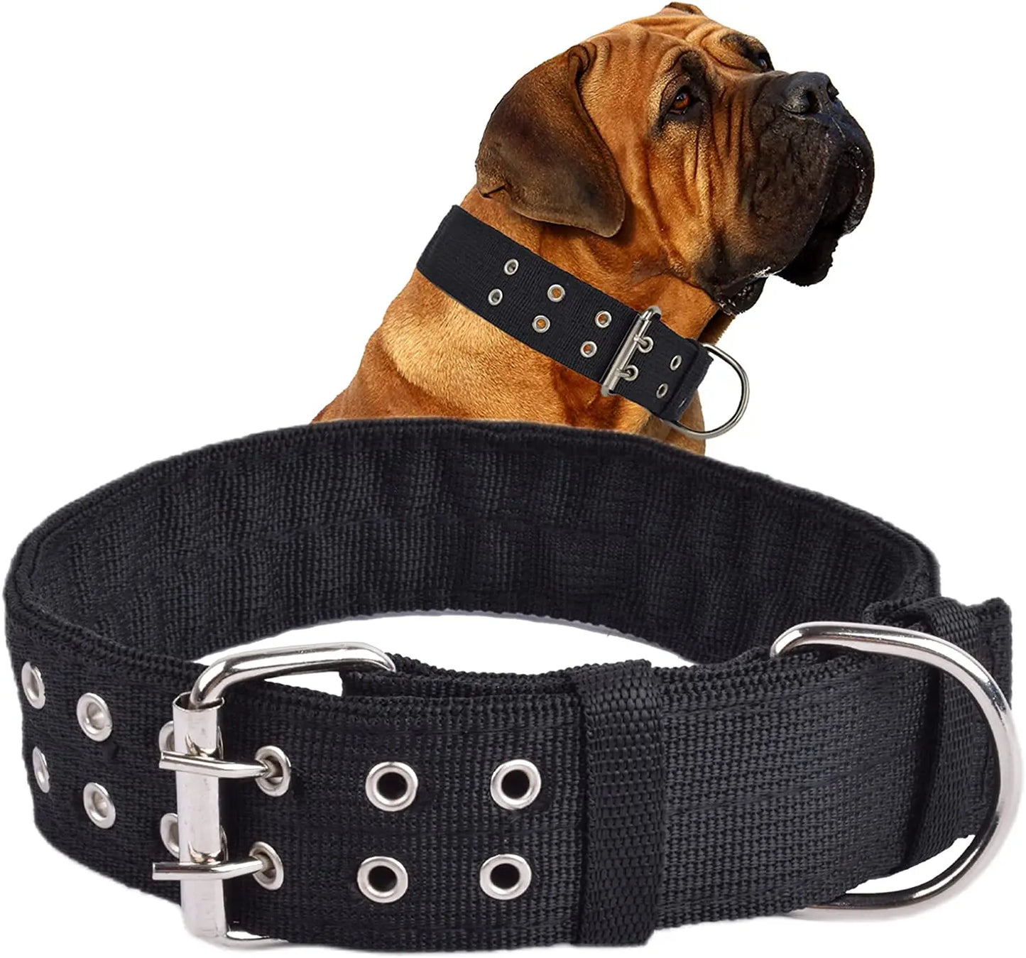 Heavy Duty Wide Military Thick Dog Collars for Large Dogs Adjustable Strong Nylon Tactical Pet Collar with 2-Rows Metal Buckle