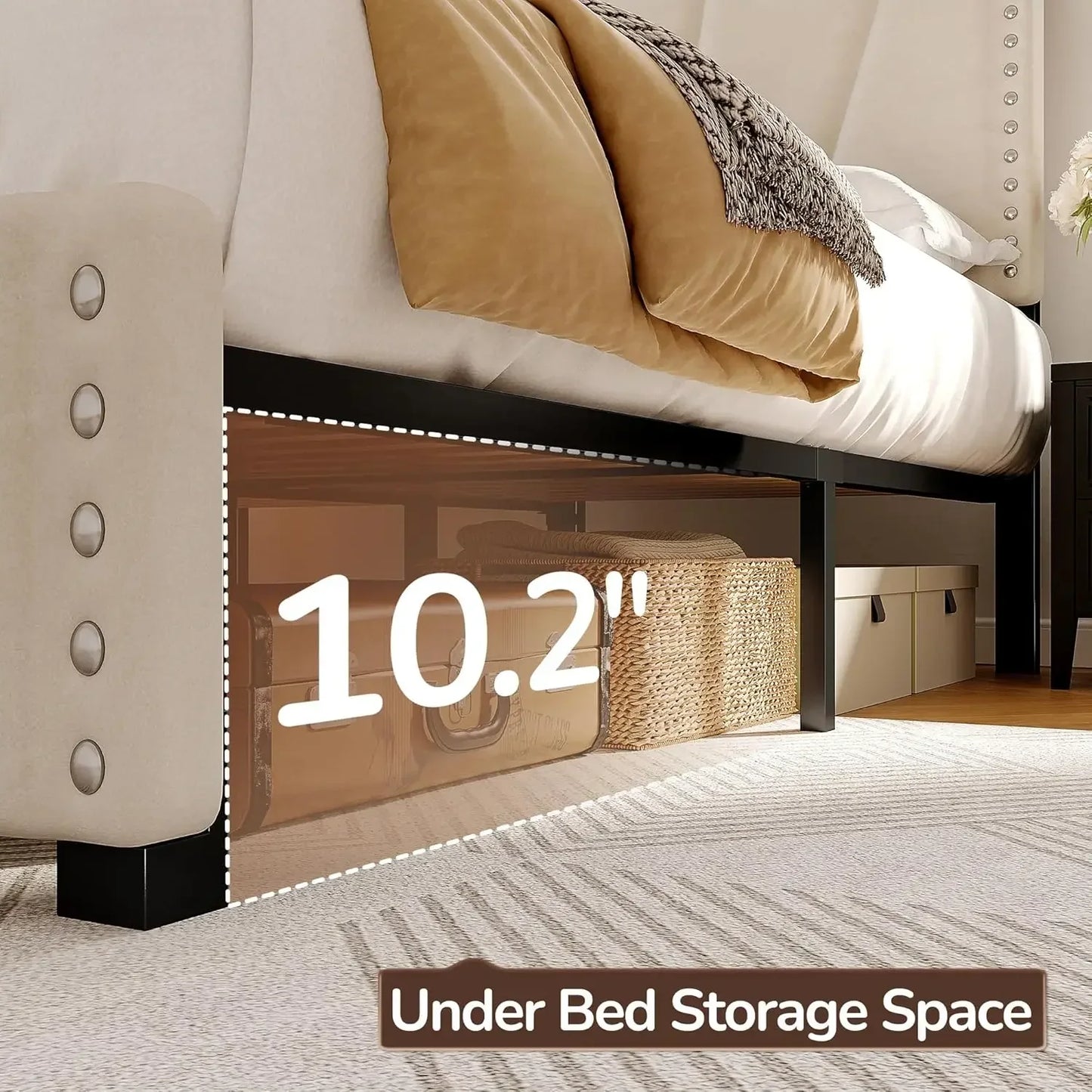 Velvet Headboard and LED Lights Platform Bed with Charging Station King Size Bed Frame