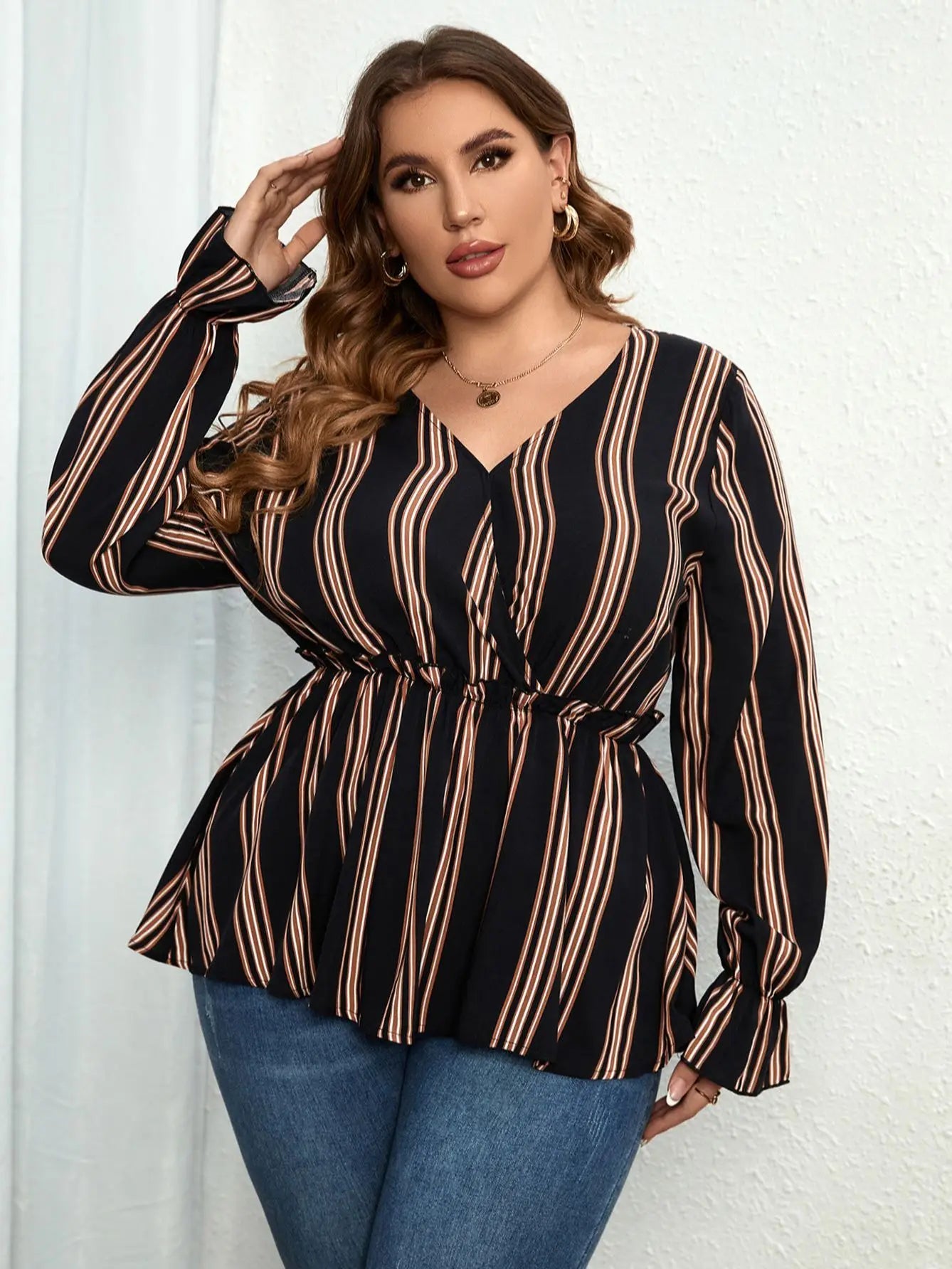 Della Mel Women Plus Size Vintage Long Sleeve Tops Striped Print Wrap V-Neck Loose Ruffles Elastic Waist Peplum Blouses 3XL 4XL