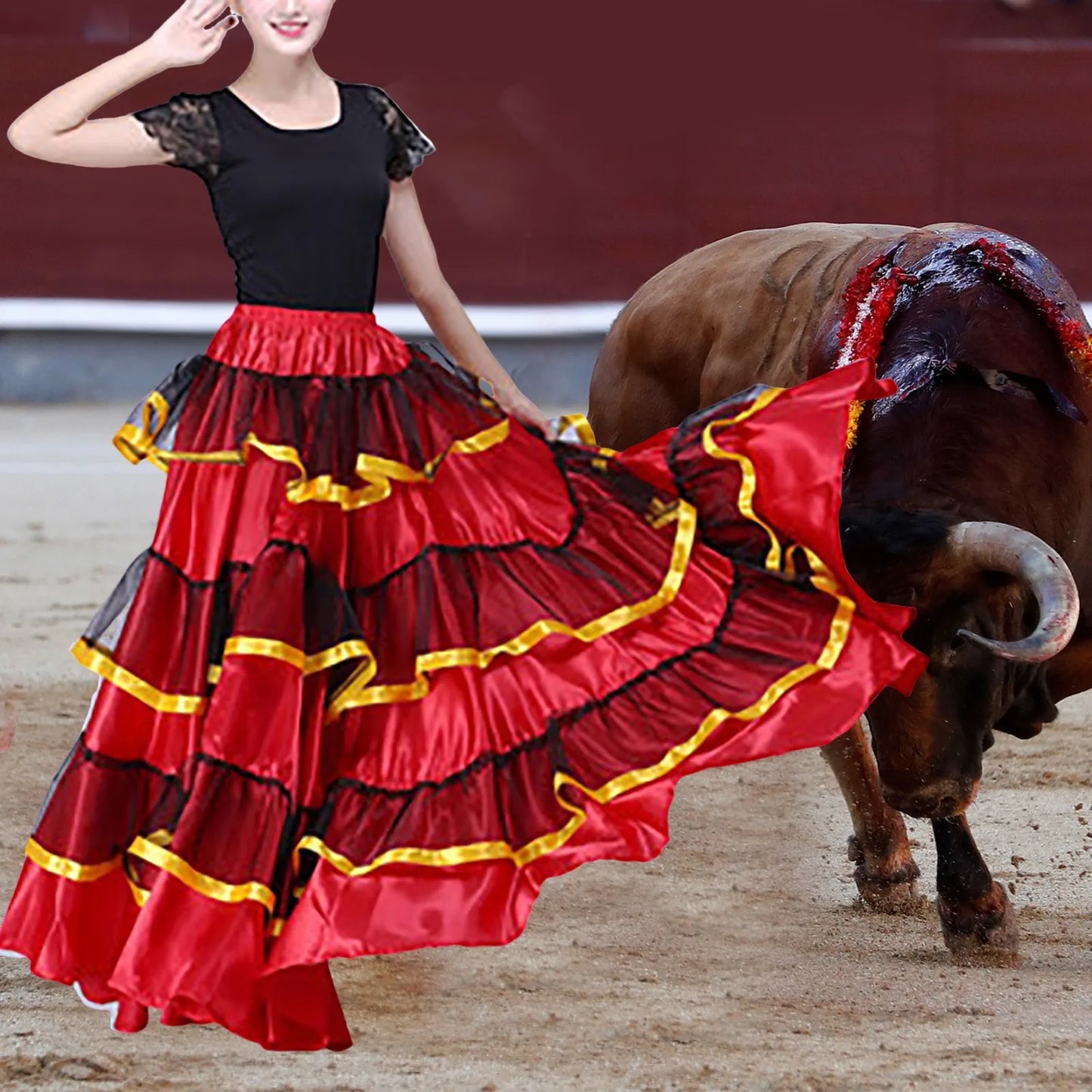 Womens Spanish Bull Dance Skirt Belly Dance Skirt Large Swing Skirt Ruffle Long Full Folkloric Mexican Skirt Flowy Dancing Dress