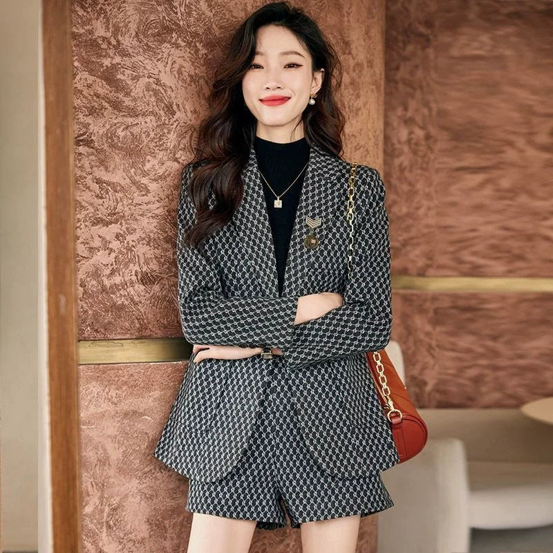 Autumn Winter Women's Elegant Fashion Printed Slim Blazers High Waist Shorts Set Ladies Long Sleeve Casual Coat Short Pants Suit
