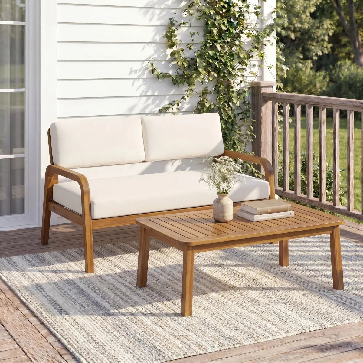 Christopher Knight Home ® 2-Pieces Outdoor Sofa Set with Cushions Outdoor Loveseat & Coffee Table Set,Teak