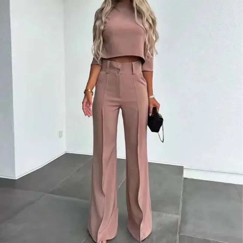 Autumn Winter New Arrivals Women's Clothing Fashion Temperament Pure Color Slim Waist Wide Leg Leisure Two-Piece Set
