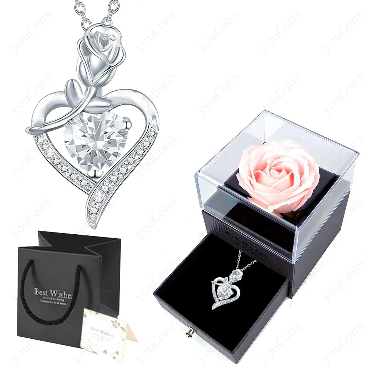 Luxury Red Zircon Heart Necklace With Rose Flower Gift Box For Girlfriend Birthday Valentine Gift Romantic Accessories