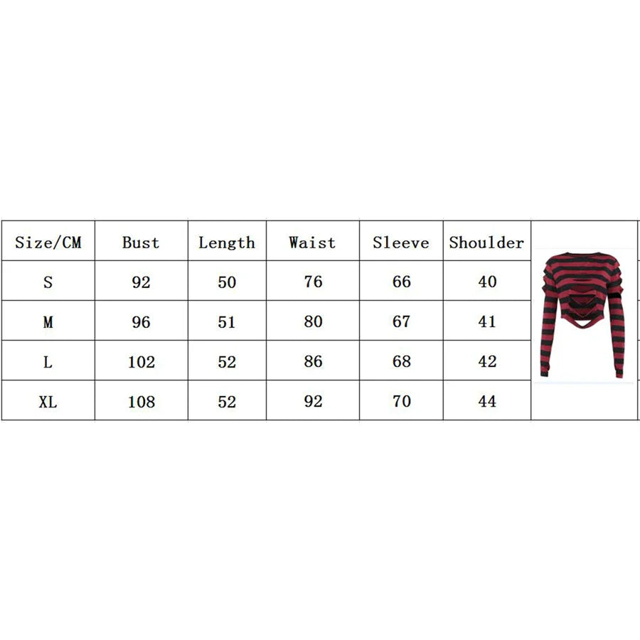 Gothic Black Striped Holes Ripped T-Shirts Women Grunge Punk Aesthetic Clothes Long Sleeve O Neck Cropped Pullovers Streetwear