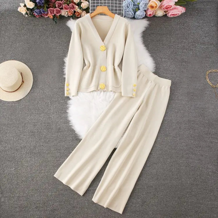 2024 Autumn Winter Knitted Set Women Casual Gold Button V-Neck Long Sleeve Sweater Cardigan Coat + Wide Leg Pants Two Piece Sets