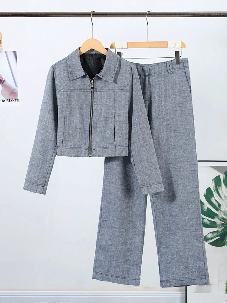 Women's Outwear 2 Piece Set Coats Pants ,Zipper Short Jackets, Straight-Leg Trouser Woman Clothes