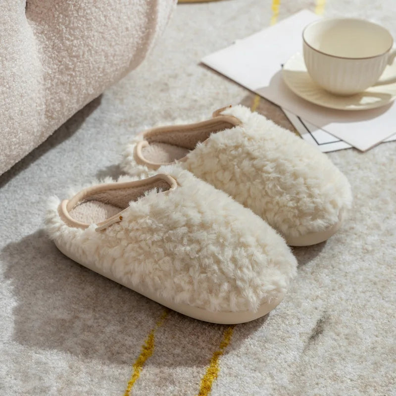 Japanese Simple Solid Color Home Slippers For Women Fluffy Winter Warm Indoor Bedroom Slides Female Furry Shoes
