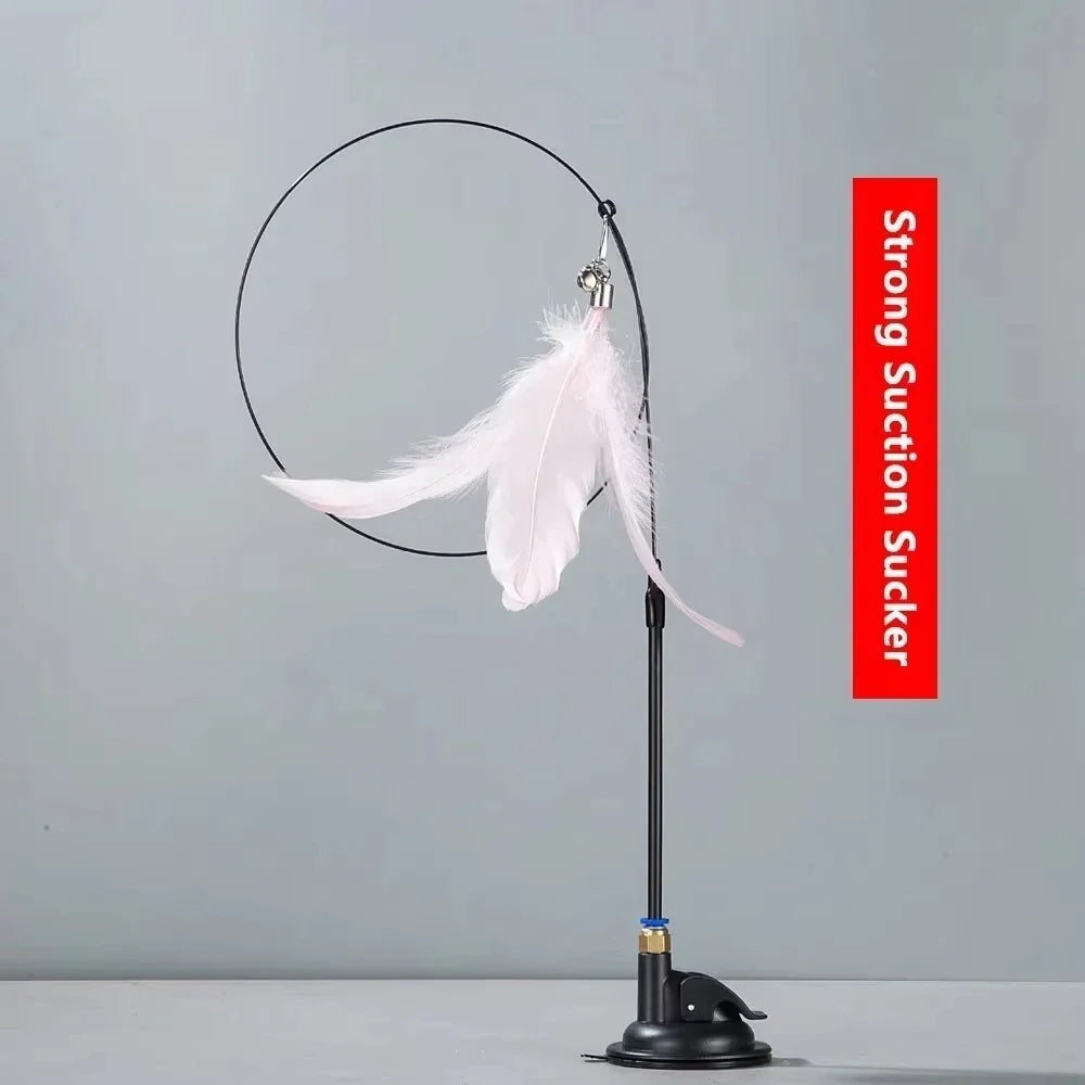 Interactive Cat Toy Handfree Cat Stick Kitten Rainbow Strips Stick Toy Suction Cup Feather Wand Pet Supplies Simulation Feather
