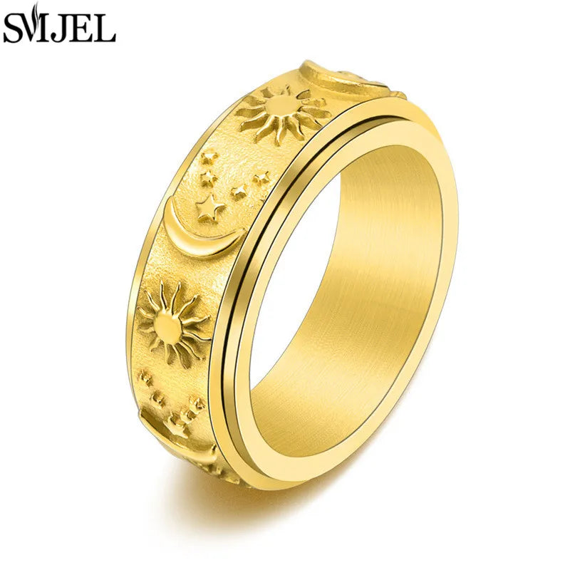 Anti Stress Anxiety Relaxing Ring Retro Star Moon Stainless Steel Fidget Spinner Rings for Couple Jewelry Anillos De Hombres