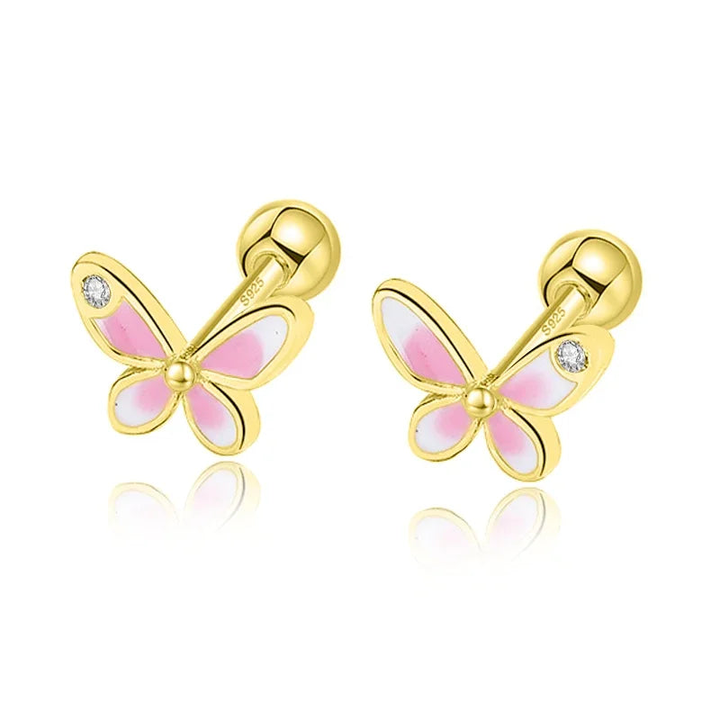 TrustDavis Real 925 Sterling Silver Fashion Sweet INS Butterfly Bear Screw Stud Earrings For Daughter Girls Fine Jewelry DG0013