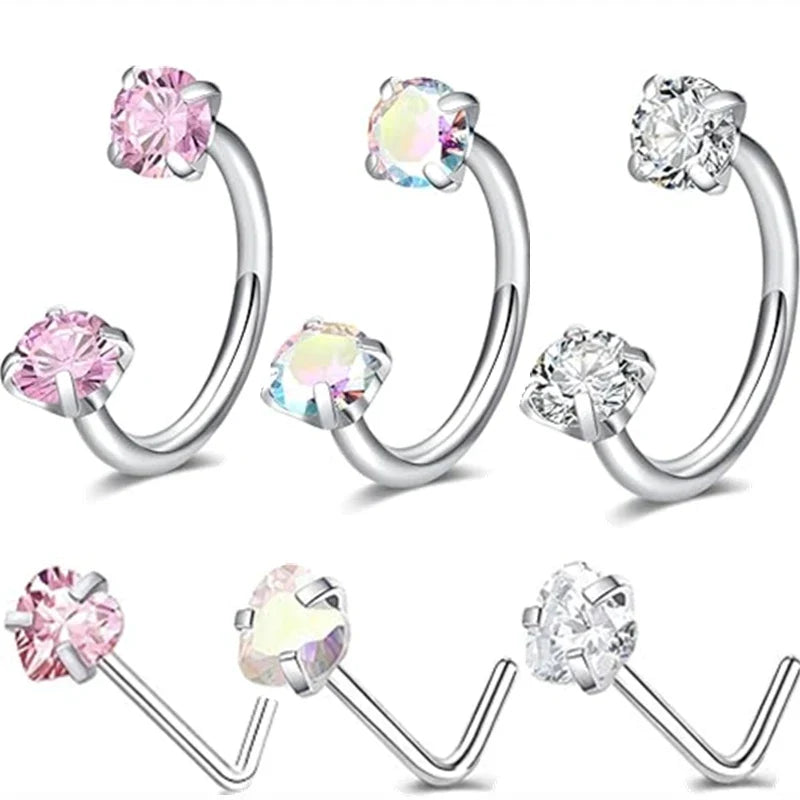 6/2pcs Horseshoe Nose Rings with L-Shape Nose Stud, Stainless Steel